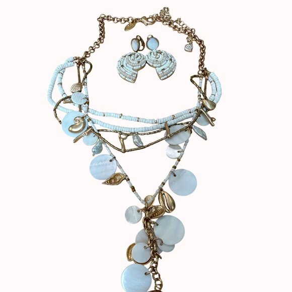 Layered White Gold Shell Charm Necklace Statement Earrings Set, Beach, Coastal - Picture 2 of 9